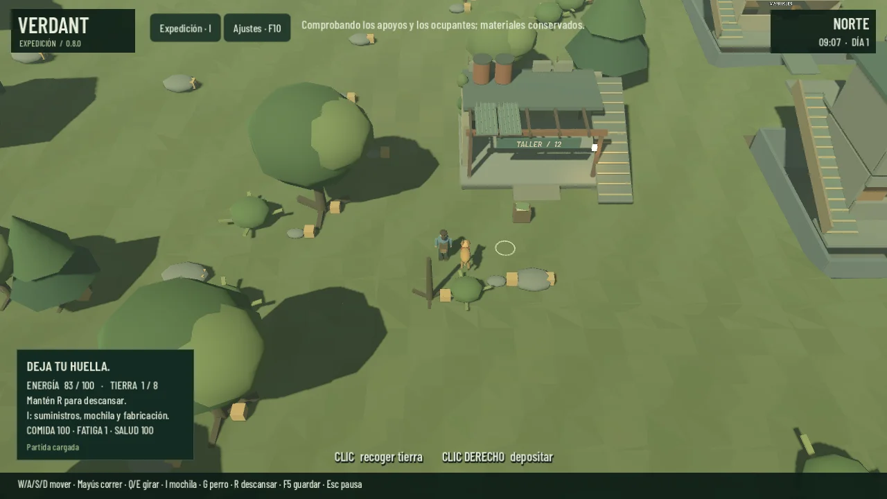 El personaje de VERDANT explora un bosque junto a una casa